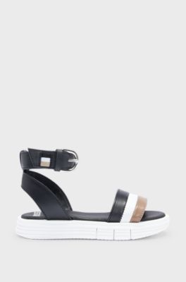 Kids' leather sandals with signature stripes, Black