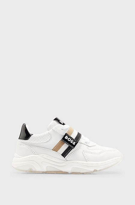 Kids' leather trainers with stripes and logos, White