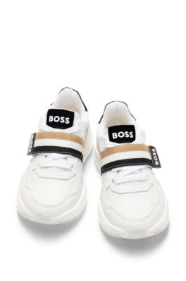 Sneakers in pelle per bambini con righe e loghi, Bianco