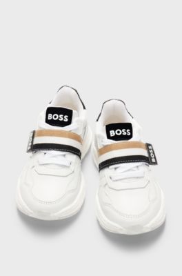 Kids' leather trainers with stripes and logos, White