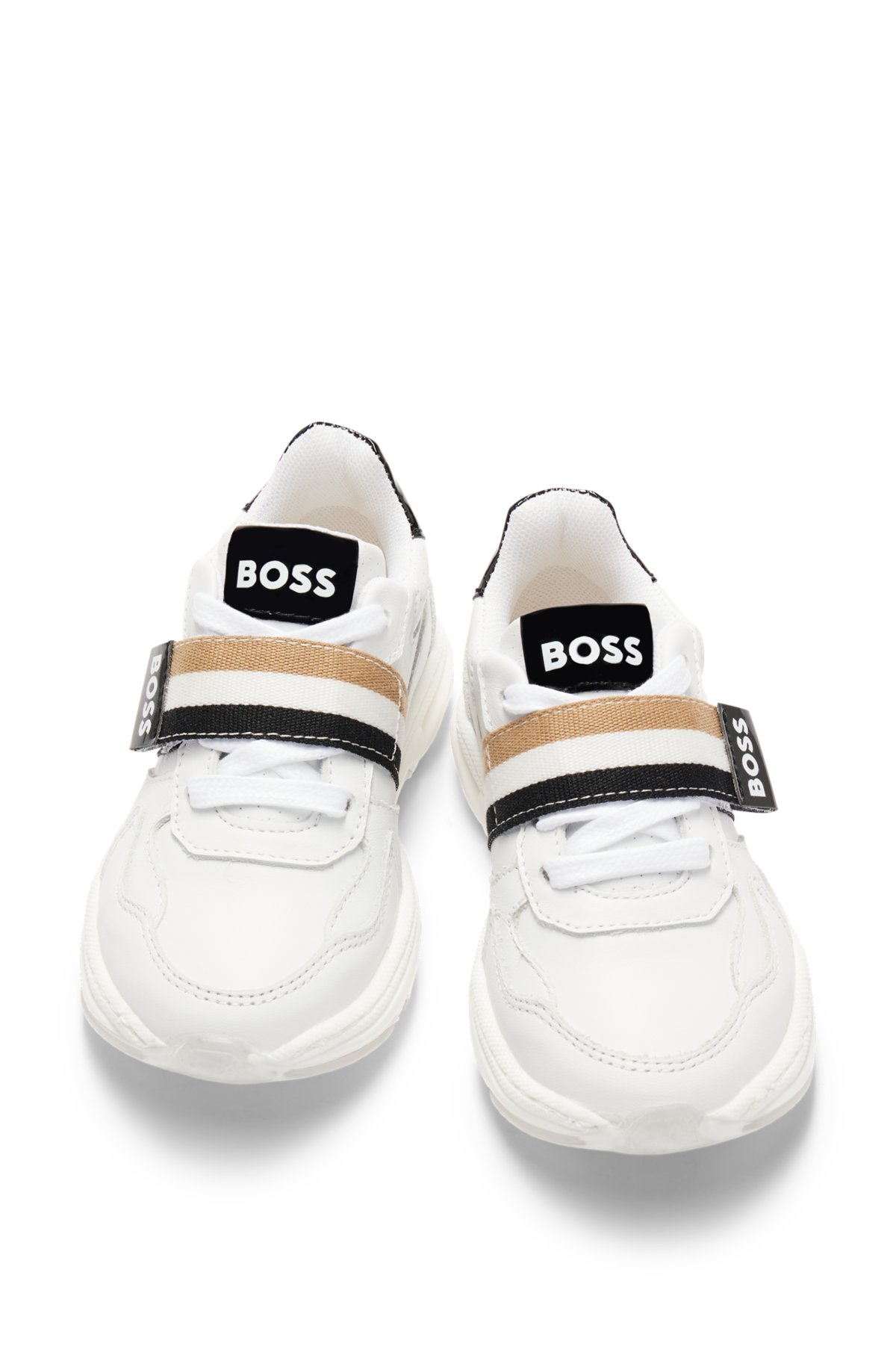 Kids' leather trainers with stripes and logos, White