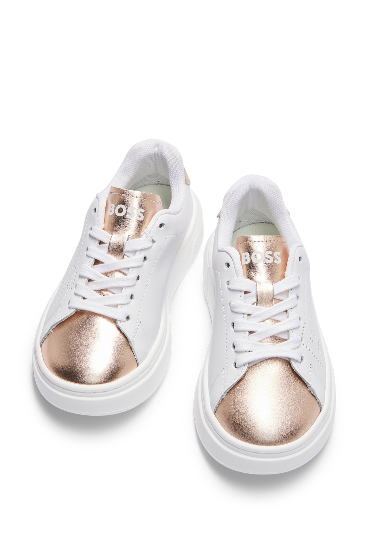 Kids' leather trainers with perforated logo, White