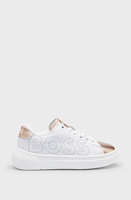Kids' leather trainers with perforated logo, White