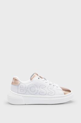 Kids' leather trainers with perforated logo, White