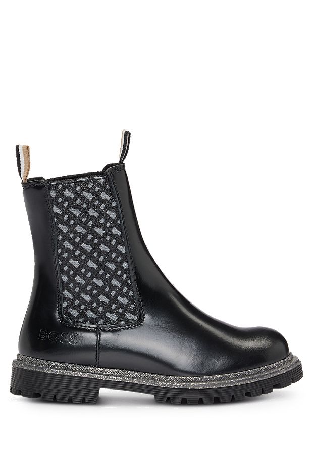 Kids' Chelsea boots in patent leather with monogram panels, Black
