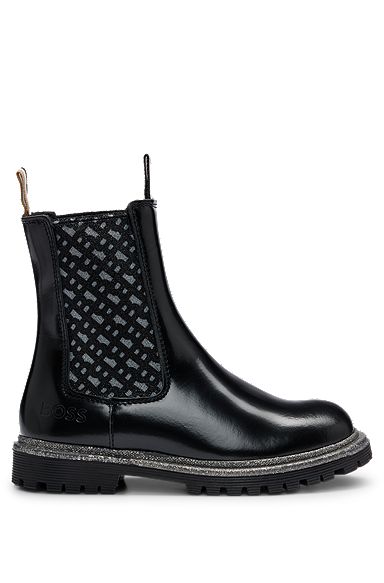 Kids' Chelsea boots in patent leather with monogram panels, Black