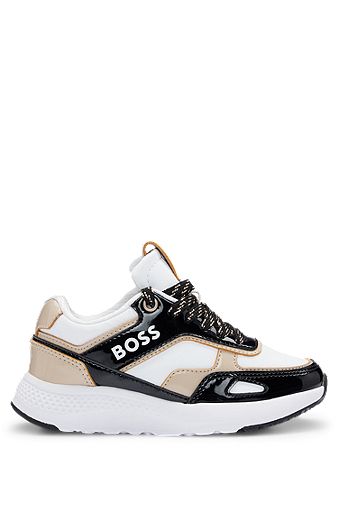 Kids' trainers in faux leather with printed logo, White