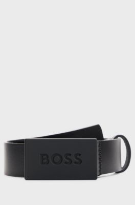 Kids' belt in leather with branded plaque buckle, Black