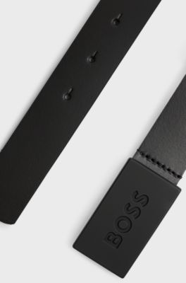 Kids' belt in leather with branded plaque buckle, Black