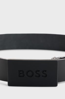 Kids' belt in leather with branded plaque buckle, Black