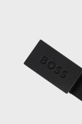 Kids' belt in leather with branded plaque buckle, Black