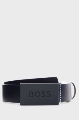 Kids' belt in leather with branded plaque buckle, Dark Blue