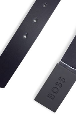 Kids' belt in leather with branded plaque buckle, Dark Blue