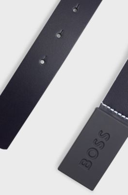 Kids' belt in leather with branded plaque buckle, Dark Blue