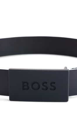 Kids' belt in leather with branded plaque buckle, Dark Blue