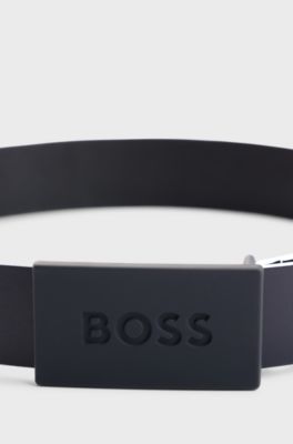 Kids' belt in leather with branded plaque buckle, Dark Blue