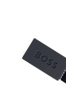 Kids' belt in leather with branded plaque buckle, Dark Blue