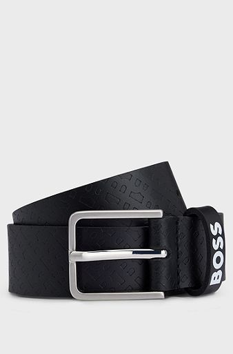 Kids' belt in leather with all-over monogram print, Black
