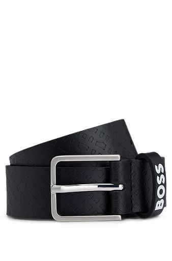 Kids' belt in leather with all-over monogram print, Black