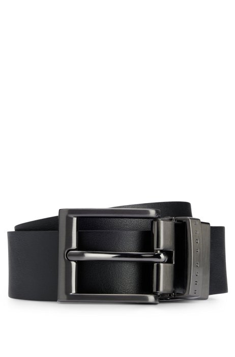 Kids' reversible belt in rich leather with interchangeable buckles, Black