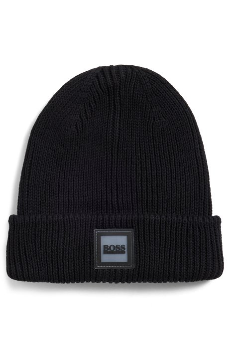 Kids' beanie hat in ribbed cotton with branded label, Black