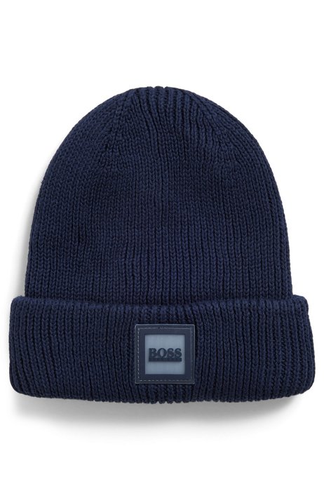 Kids' beanie hat in ribbed cotton with branded label, Dark Blue