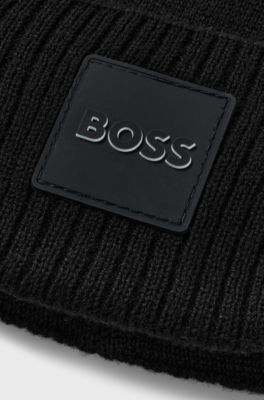 Kids' double-layer beanie hat with branded badge, Black