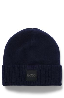 Kids' double-layer beanie hat with branded badge, Dark Blue