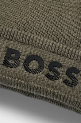 Kids' knitted beanie hat with rubber-print logo, Dark Green
