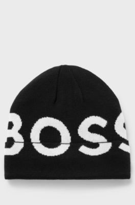 Kids' knitted-cotton beanie hat with contrast logo, Black