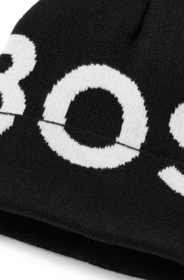 Kids' knitted-cotton beanie hat with contrast logo, Black