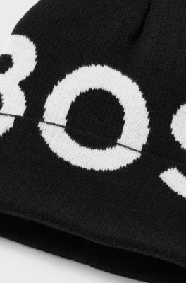 Kids' knitted-cotton beanie hat with contrast logo, Black