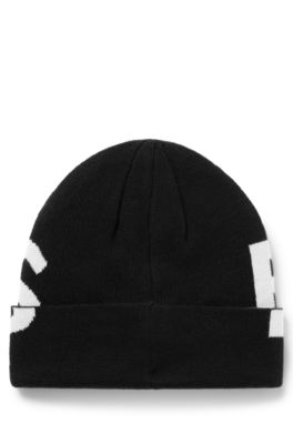 Kids' knitted-cotton beanie hat with contrast logo, Black