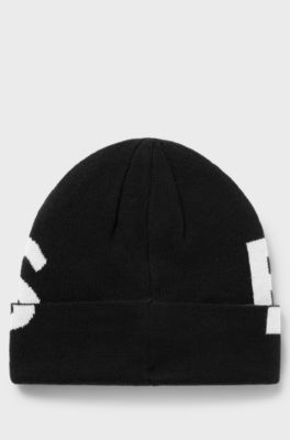 Kids' knitted-cotton beanie hat with contrast logo, Black