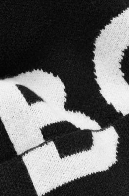 Kids' knitted-cotton beanie hat with contrast logo, Black