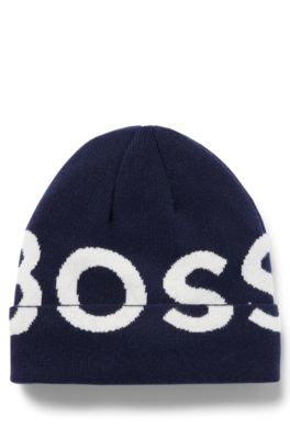 Kids' knitted-cotton beanie hat with contrast logo, Dark Blue
