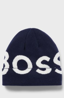 Kids' knitted-cotton beanie hat with contrast logo, Dark Blue