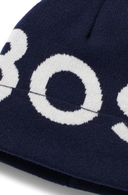 Kids' knitted-cotton beanie hat with contrast logo, Dark Blue