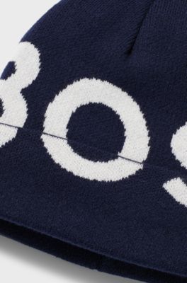 Kids' knitted-cotton beanie hat with contrast logo, Dark Blue