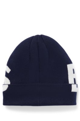 Kids' knitted-cotton beanie hat with contrast logo, Dark Blue
