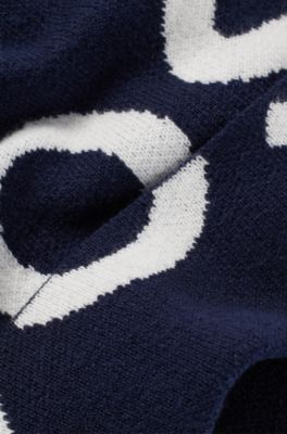 Kids' knitted-cotton beanie hat with contrast logo, Dark Blue