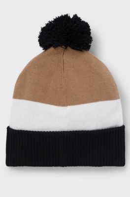 Kids' beanie hat in knitted cotton with pompom, Brown