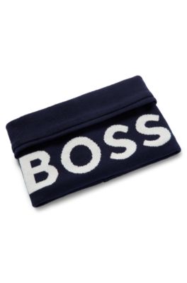 Kids' snood in knitted cotton with contrast logo, Dark Blue