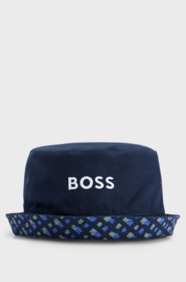 Kids' reversible bucket hat in cotton twill with logos, Dark Blue