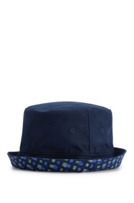 Kids' reversible bucket hat in cotton twill with logos, Dark Blue