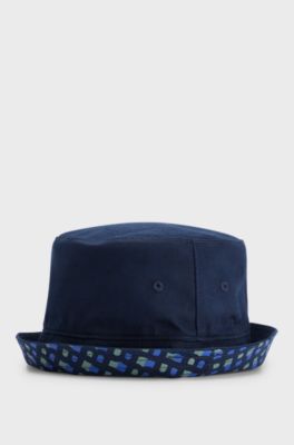 Kids' reversible bucket hat in cotton twill with logos, Dark Blue