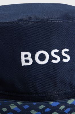 Kids' reversible bucket hat in cotton twill with logos, Dark Blue