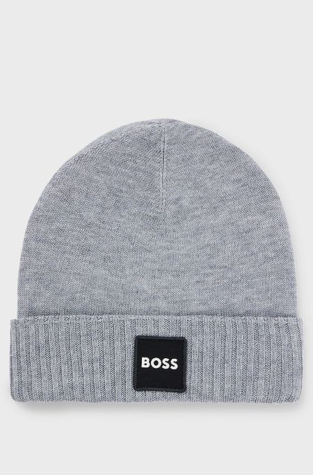 Kids' double-layer beanie hat with logo badge, Light Grey