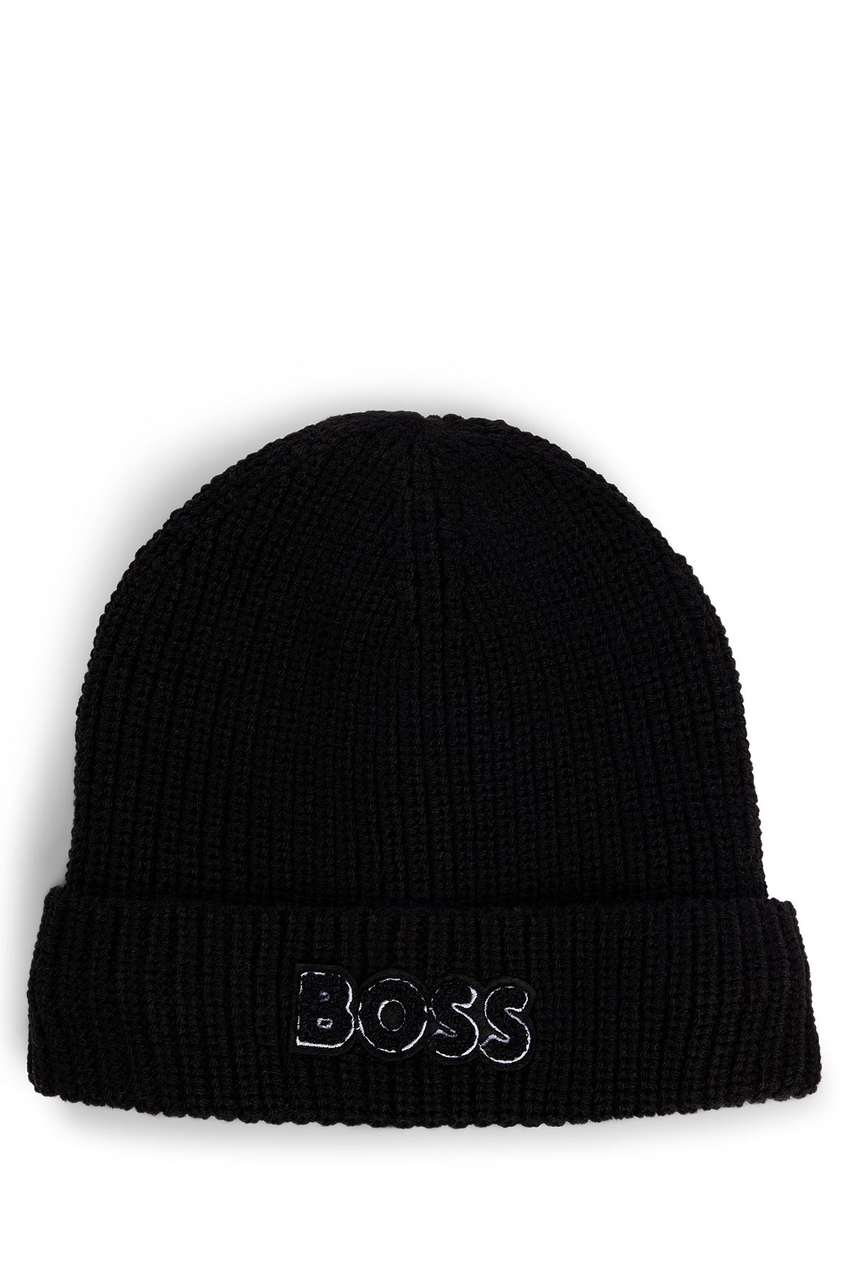 Kids' beanie hat with pompom and jacquard-woven logo, Black