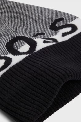 Kids' beanie hat with pompom and jacquard-woven logo, Black
